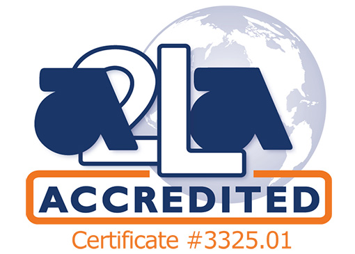 The logo of American Association for Laboratory Accreditation, certificate number 3325.01